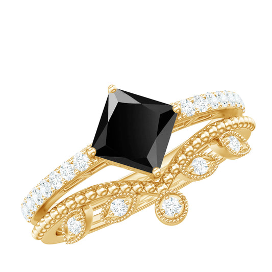 0.5 Carat Princess Cut Black Onyx Engagement Ring with Diamond Wedding Band