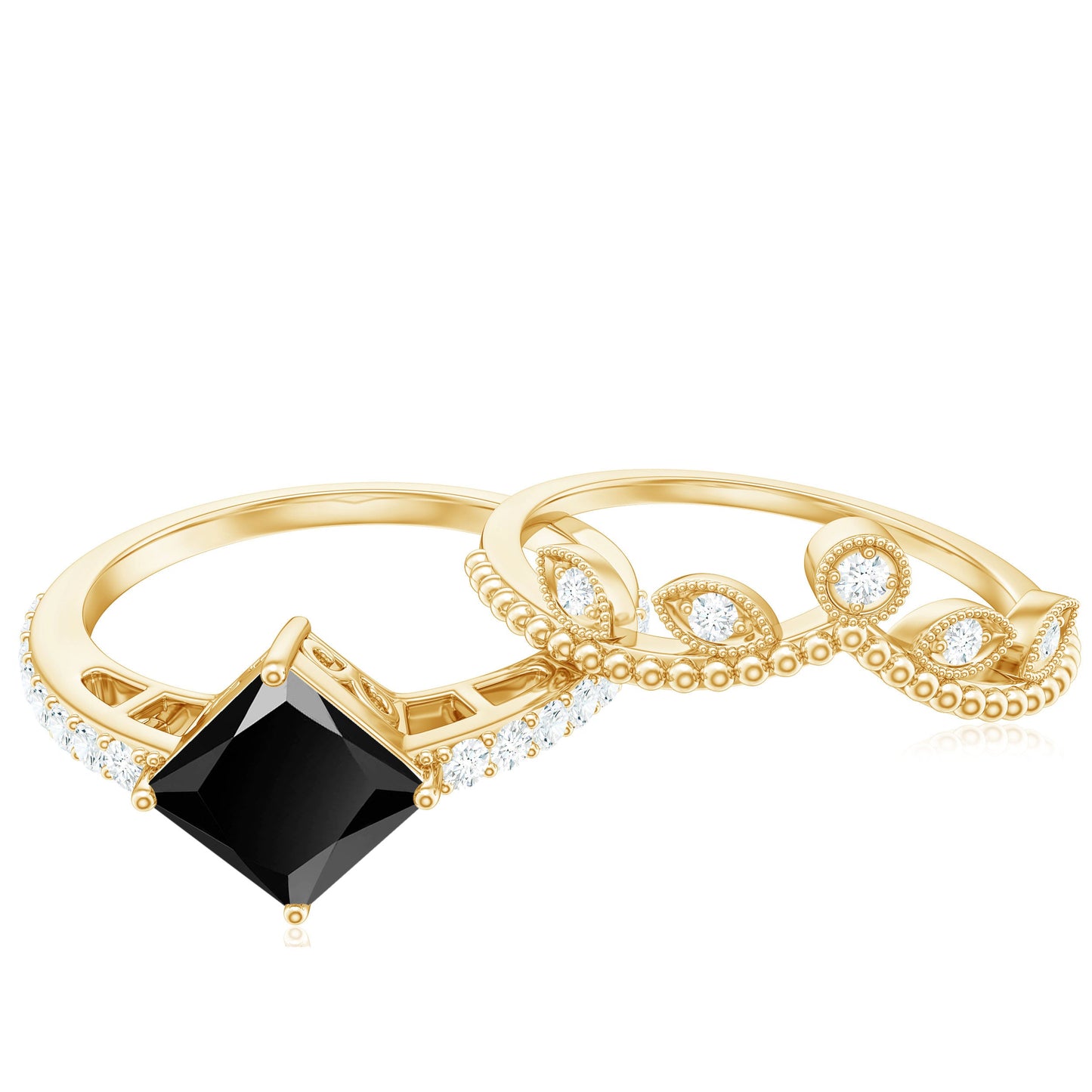 0.5 Carat Princess Cut Black Onyx Engagement Ring with Diamond Wedding Band