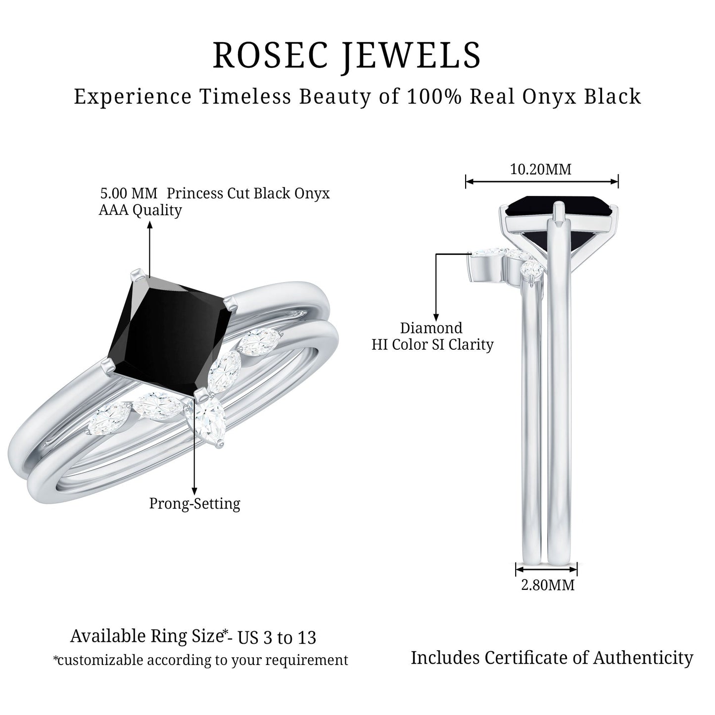 0.5 Carat Princess Cut Black Onyx Solitaire Rings Set with Diamond Enhancer
