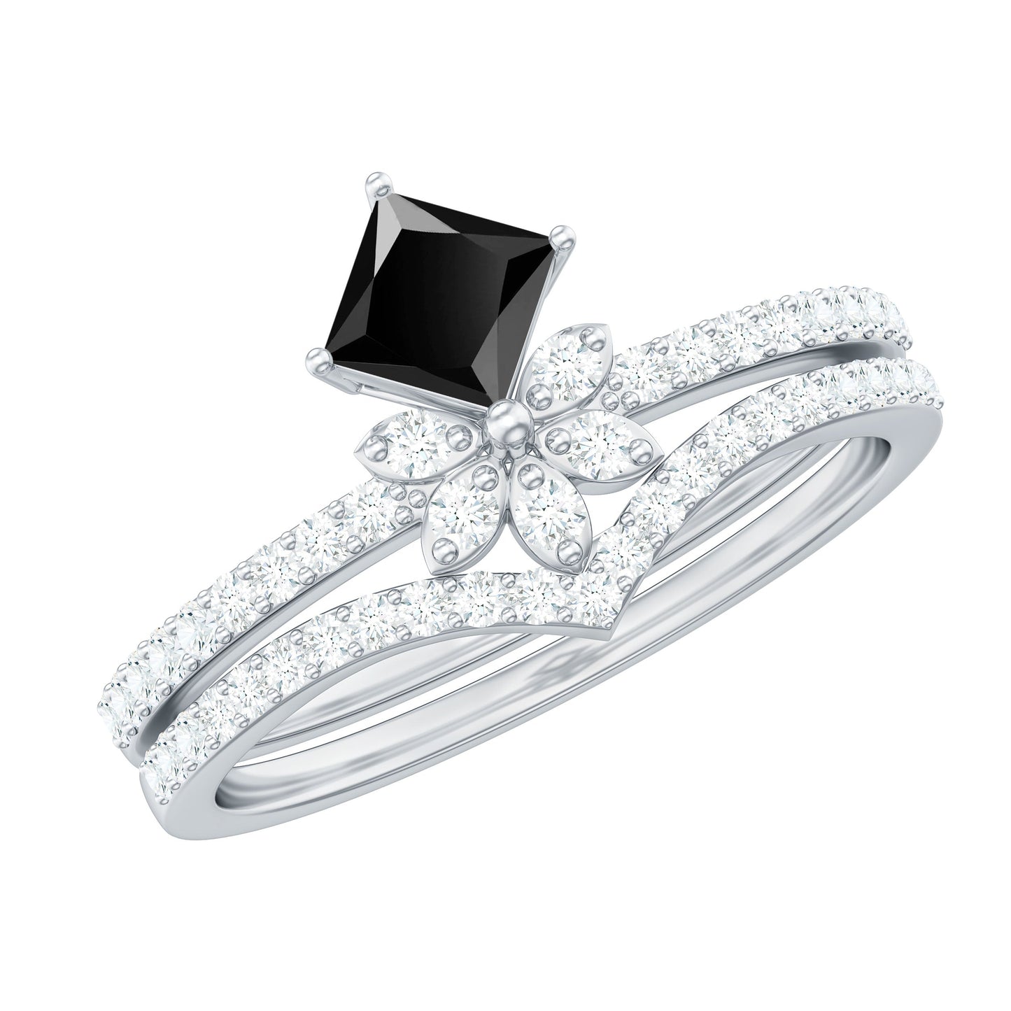 0.5 Carat Princess Cut Black Onyx Floral Ring Set with Diamond Band