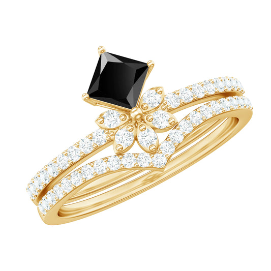 0.5 Carat Princess Cut Black Onyx Floral Ring Set with Diamond Band