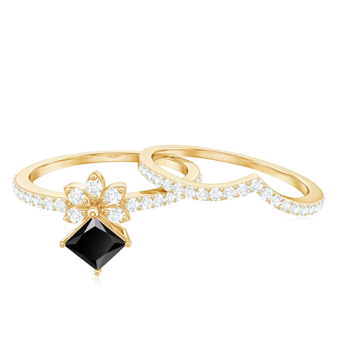 0.5 Carat Princess Cut Black Onyx Floral Ring Set with Diamond Band