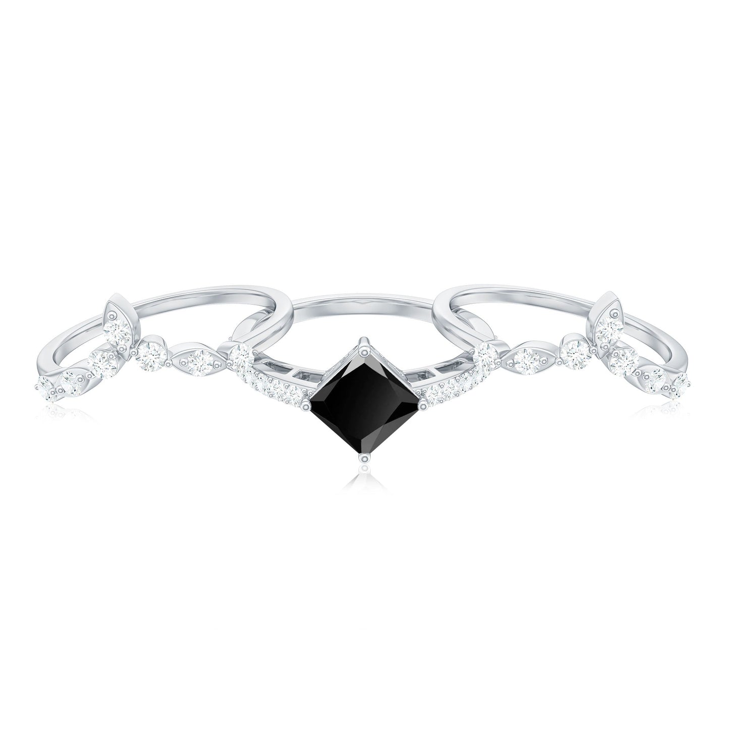 Genuine Princess Cut Black Onyx Bridal Rings Set with Diamond