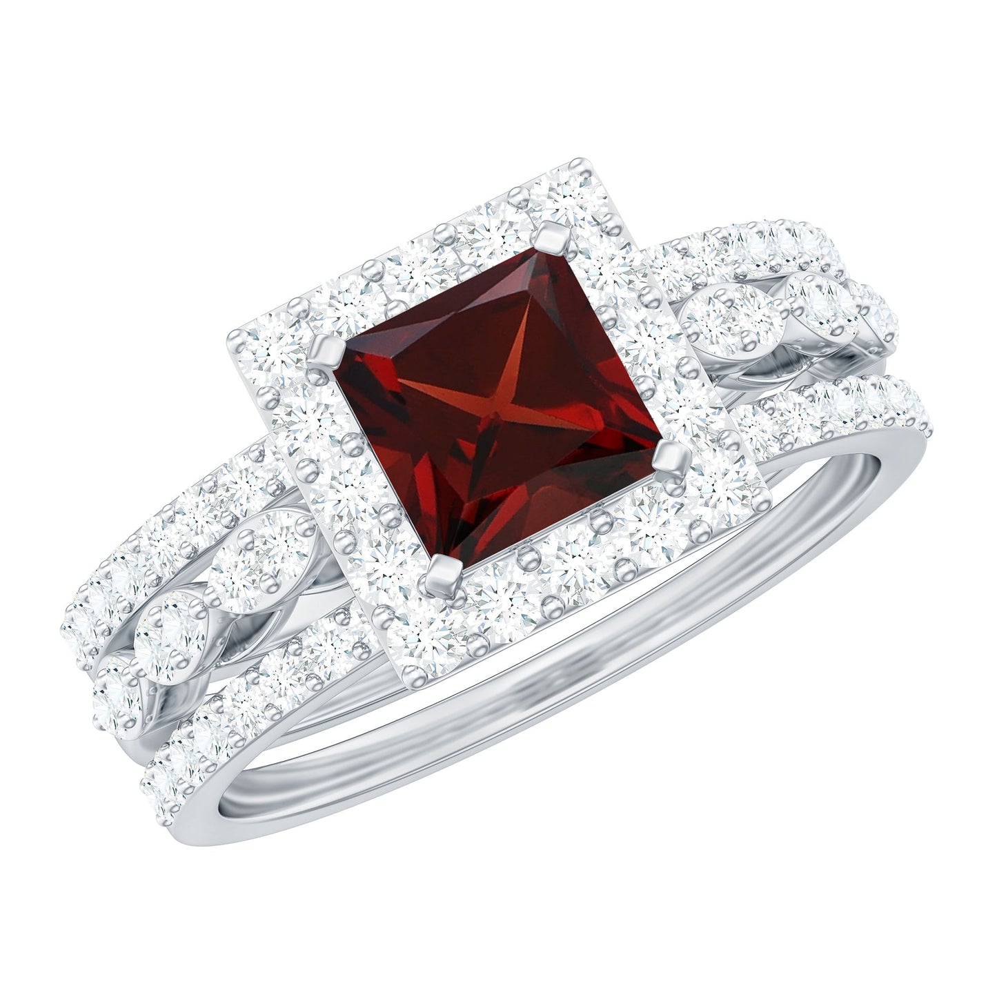 Genuine 1.4 Carat Princess Cut Garnet 3 Piece Bridal Ring Set with Moissanite
