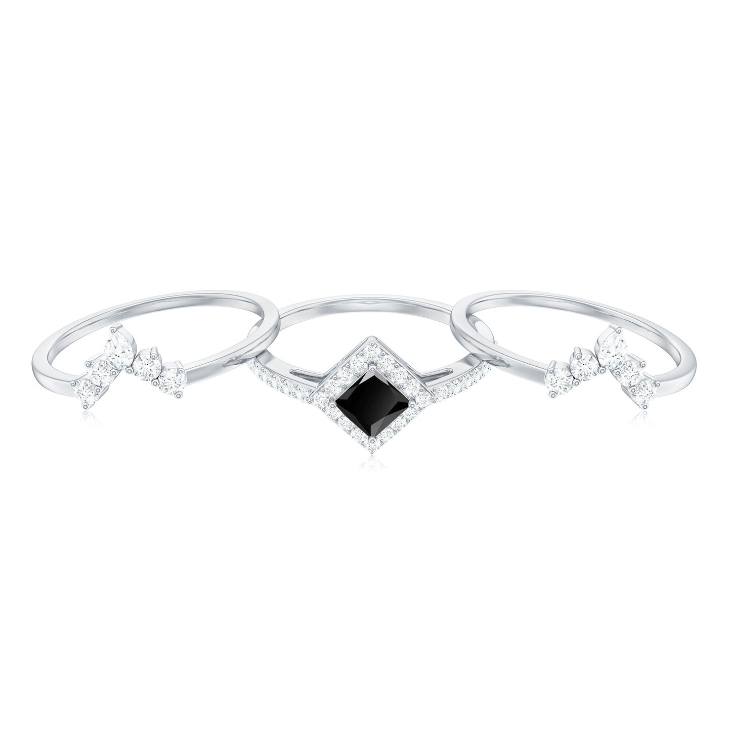 Certified 0.5 Carat Princess Cut Black Onyx Wedding Ring Set with Moissanite Band