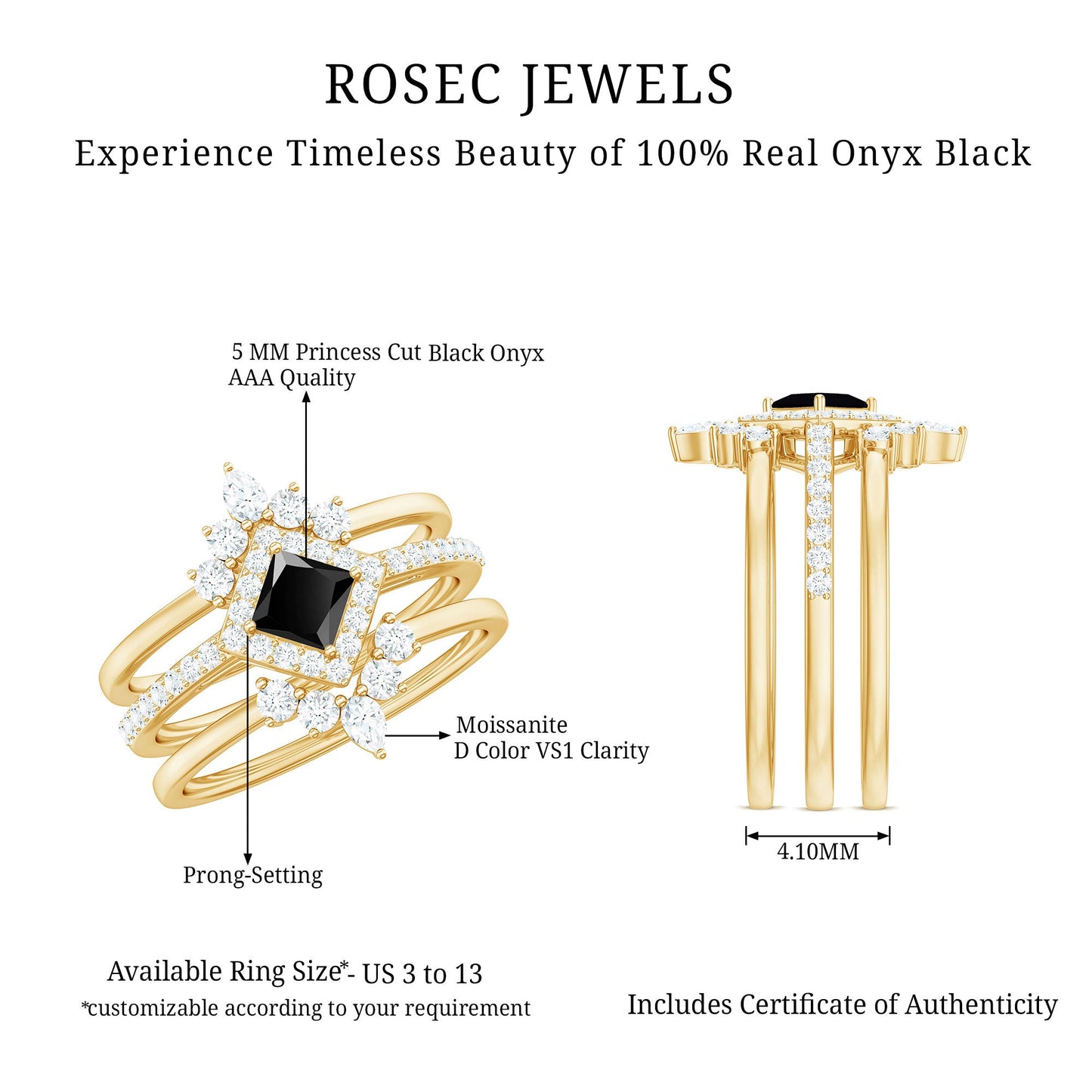 Certified 0.5 Carat Princess Cut Black Onyx Wedding Ring Set with Moissanite Band