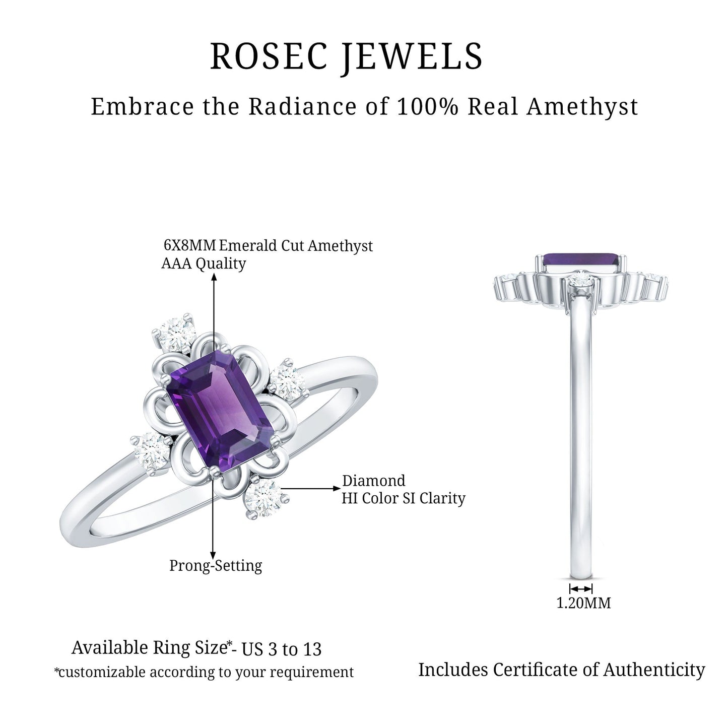 Vintage Inspired 1.4 Carat Amethyst Emerald Cut Engagement Ring with Diamond