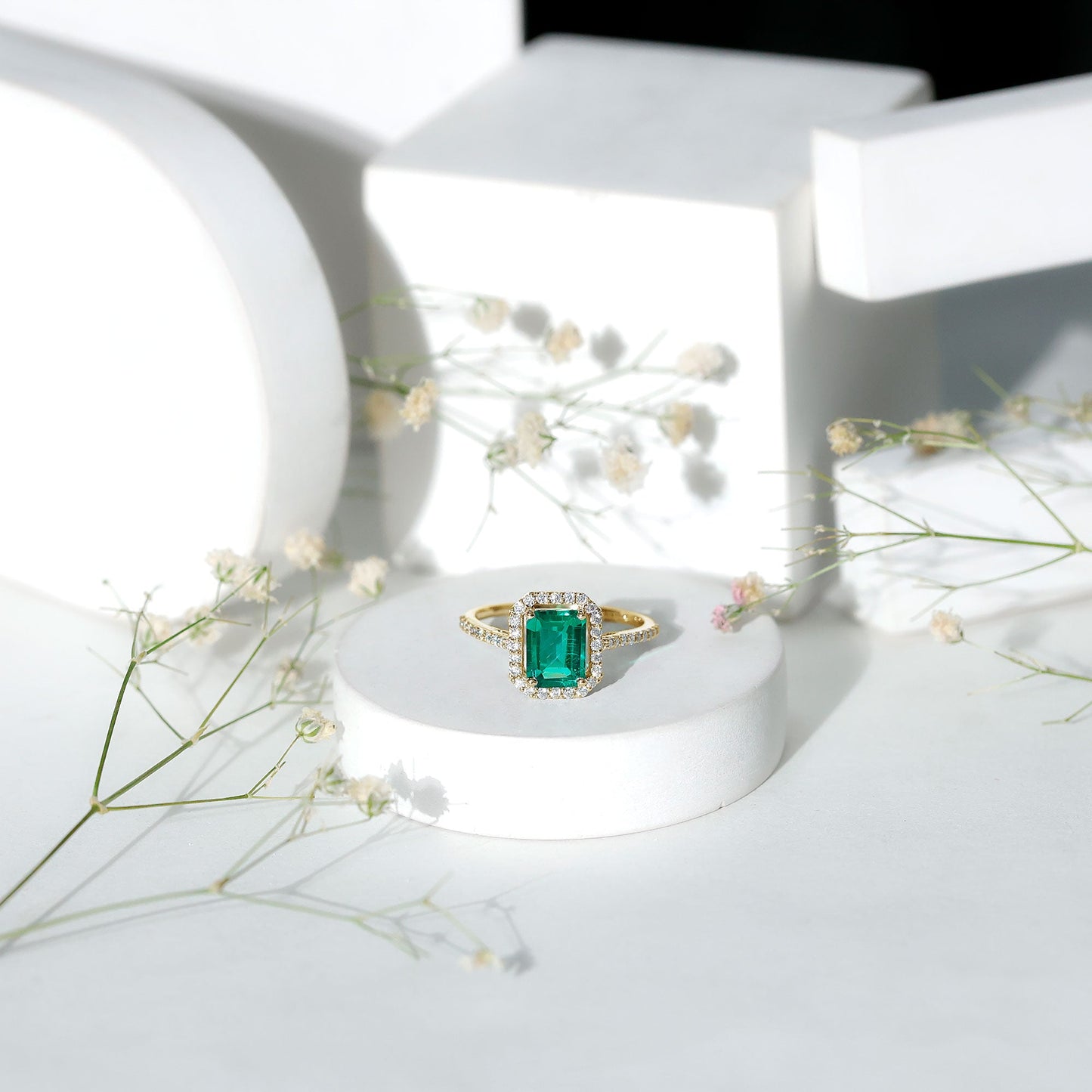1.6 Carat Emerald Cut Lab Created Emerald Engagement Ring With Moissanite Halo