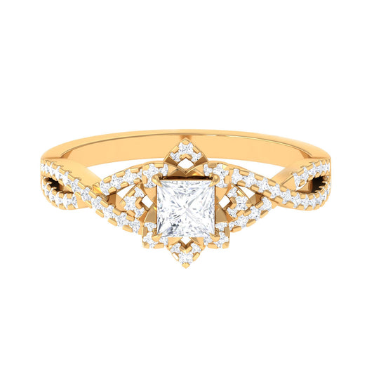 Natural Princess Cut Diamond Flower Engagement Ring with Crossover Shank