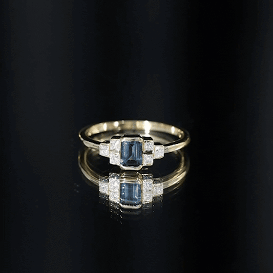 0.7 Carat Emerald Cut London Blue Topaz Statement Ring with Diamond