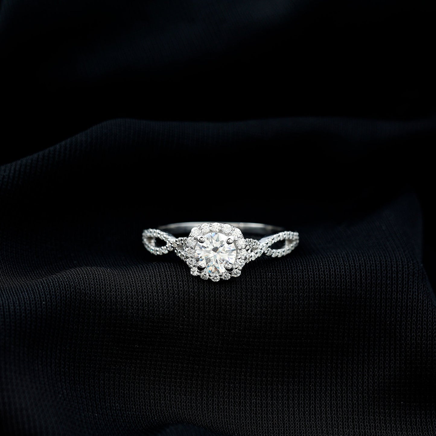 Certified Moissanite Halo Engagement Ring with Criss Cross Shank