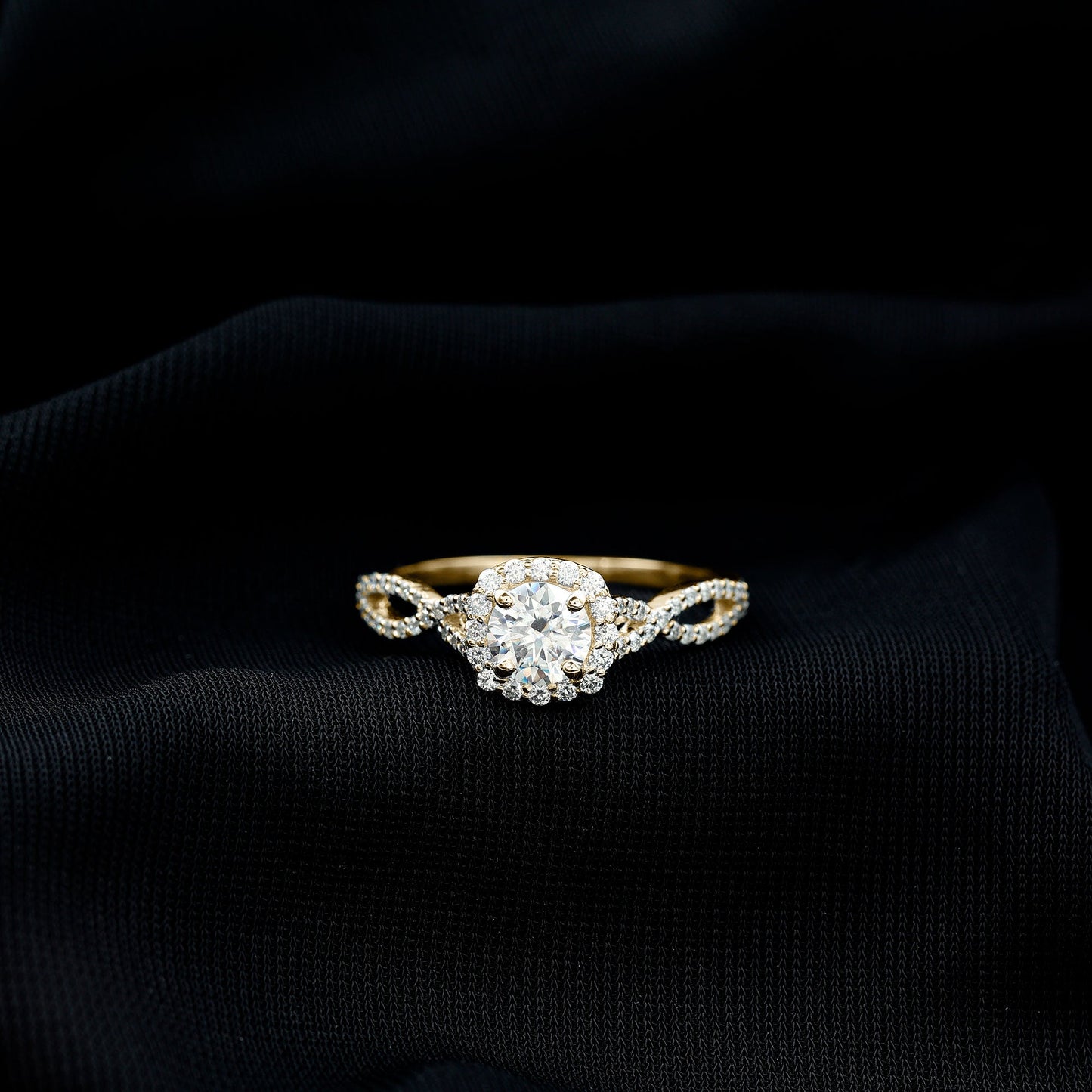 Certified Moissanite Halo Engagement Ring with Criss Cross Shank