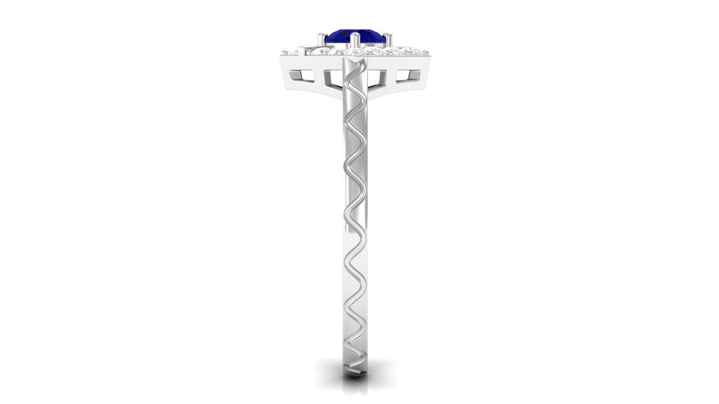 0.4 Carat Minimal Blue Sapphire and Diamond Ring with Textured Details