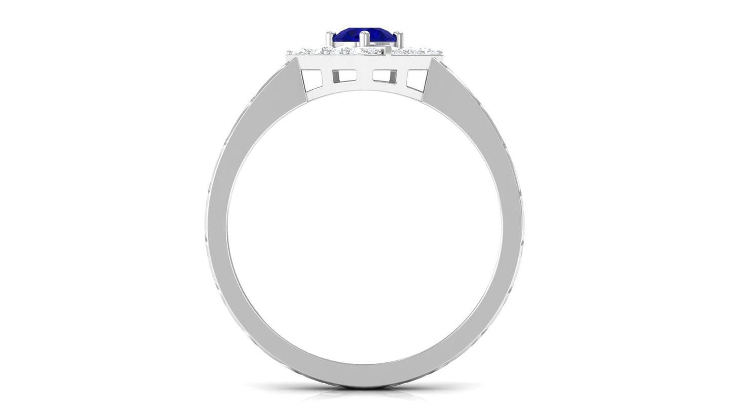 0.4 Carat Minimal Blue Sapphire and Diamond Ring with Textured Details