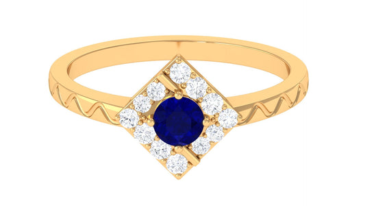 0.4 Carat Minimal Blue Sapphire and Diamond Ring with Textured Details