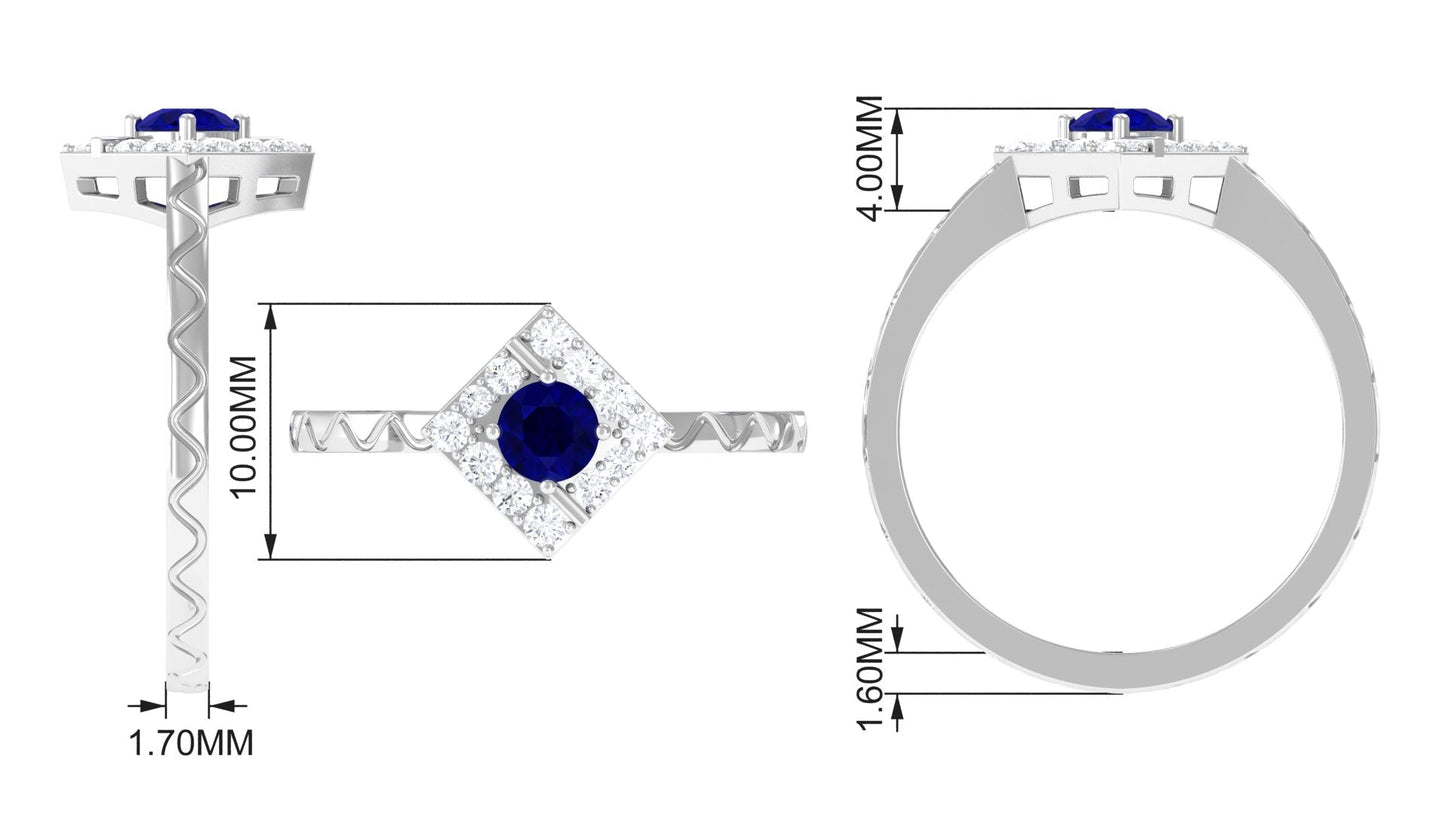 0.4 Carat Minimal Blue Sapphire and Diamond Ring with Textured Details