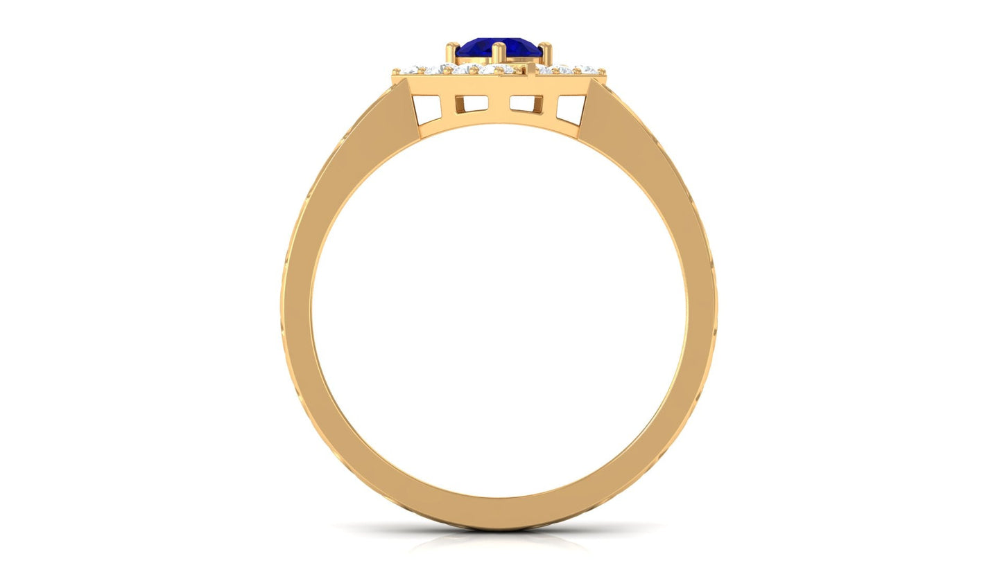 0.4 Carat Minimal Blue Sapphire and Diamond Ring with Textured Details