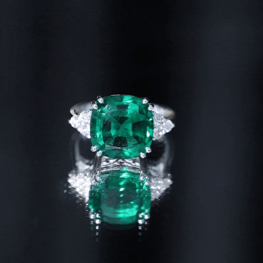 Lab Grown Emerald 9 Carat Cushion Cut Engagement Ring with Diamond Trio