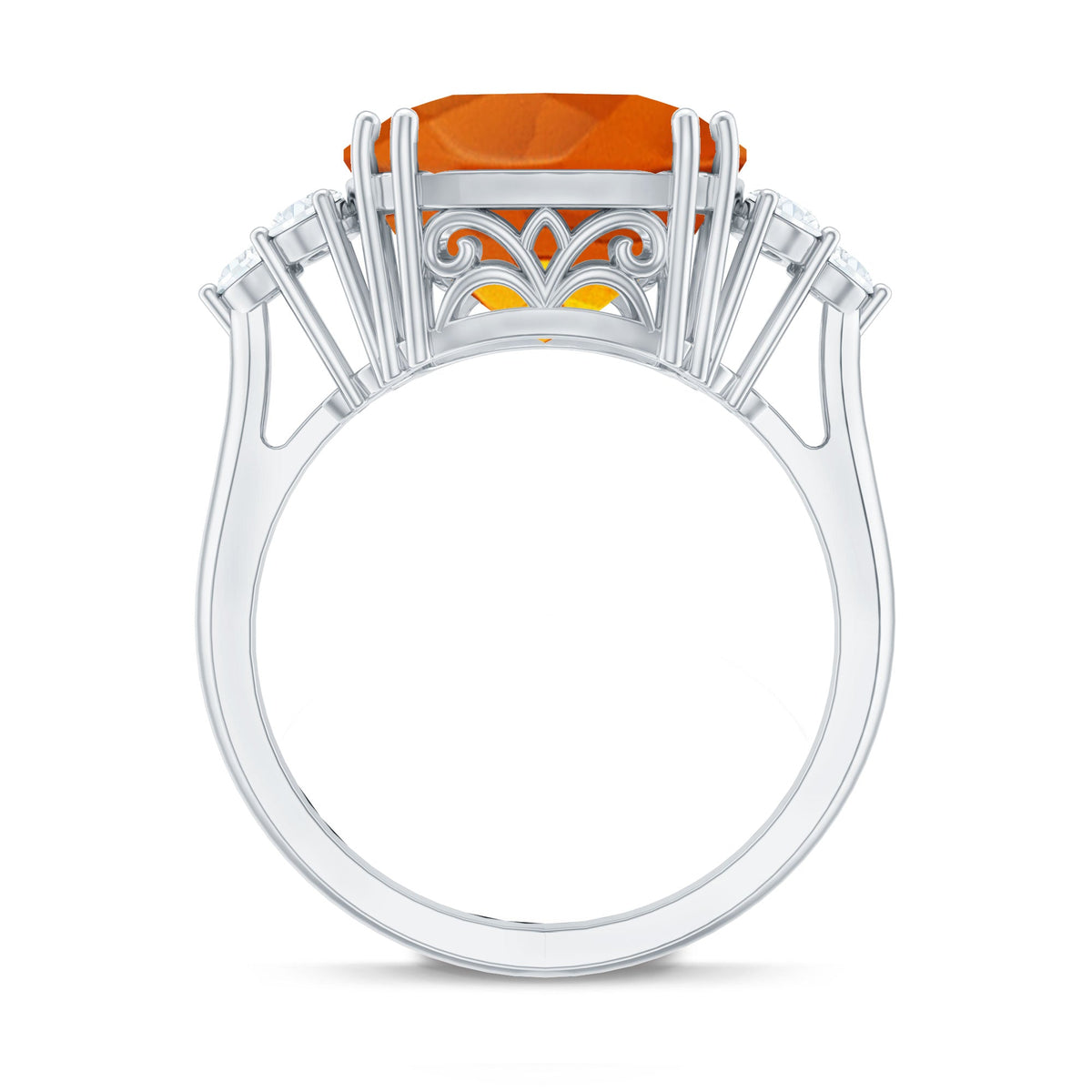 9 Carat Lab Grown Orange Sapphire Cushion Cut Engagement Ring with Diamond Trio