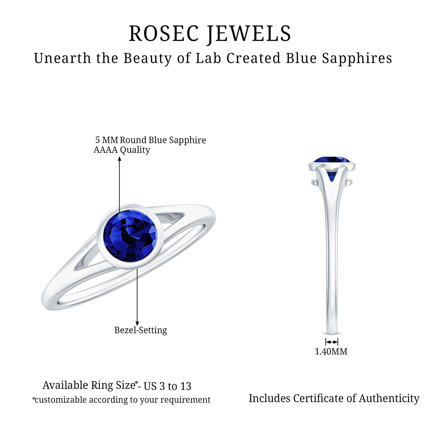 Certified 0.6 Carat Lab Grown Blue Sapphire Promise Ring with Split Shank