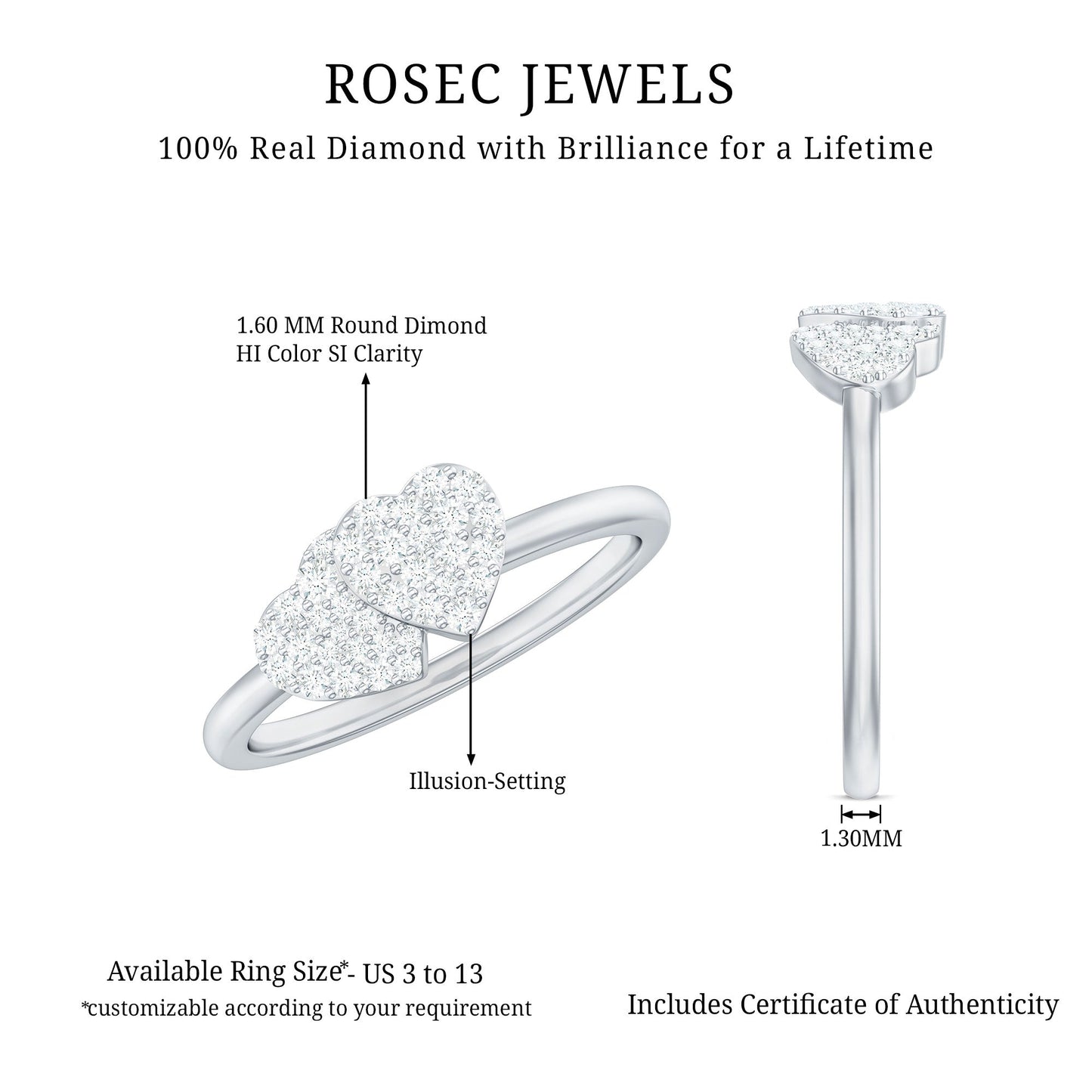 Natural Diamond Double Heart Ring for Promise