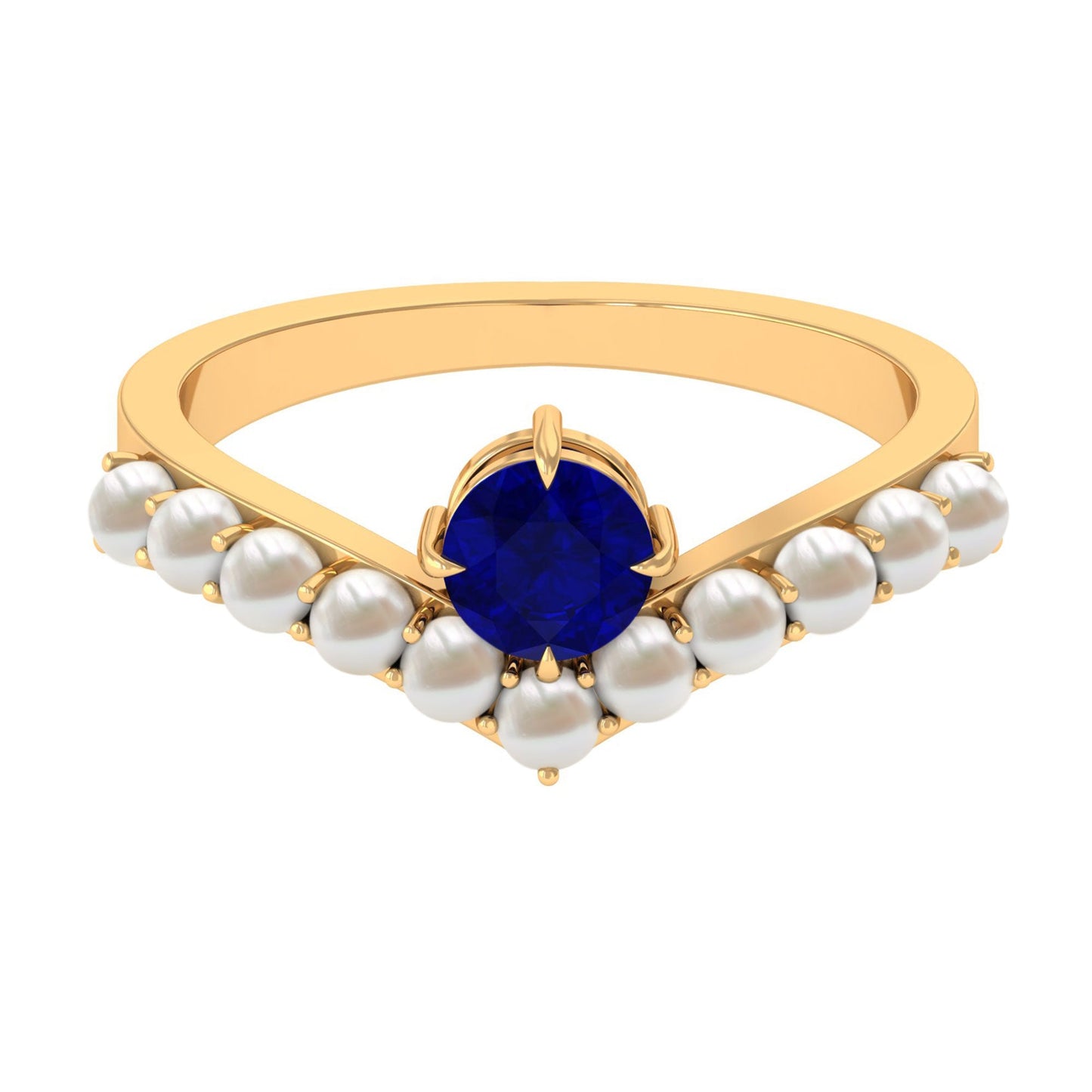 0.9 Carat Solitaire Blue Sapphire and Freshwater Pearl Chevron Ring