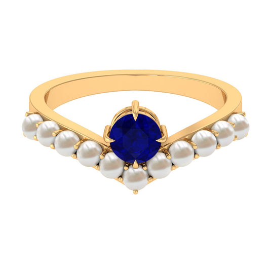 0.9 Carat Solitaire Blue Sapphire and Freshwater Pearl Chevron Ring