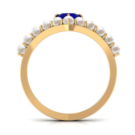 0.9 Carat Solitaire Blue Sapphire and Freshwater Pearl Chevron Ring