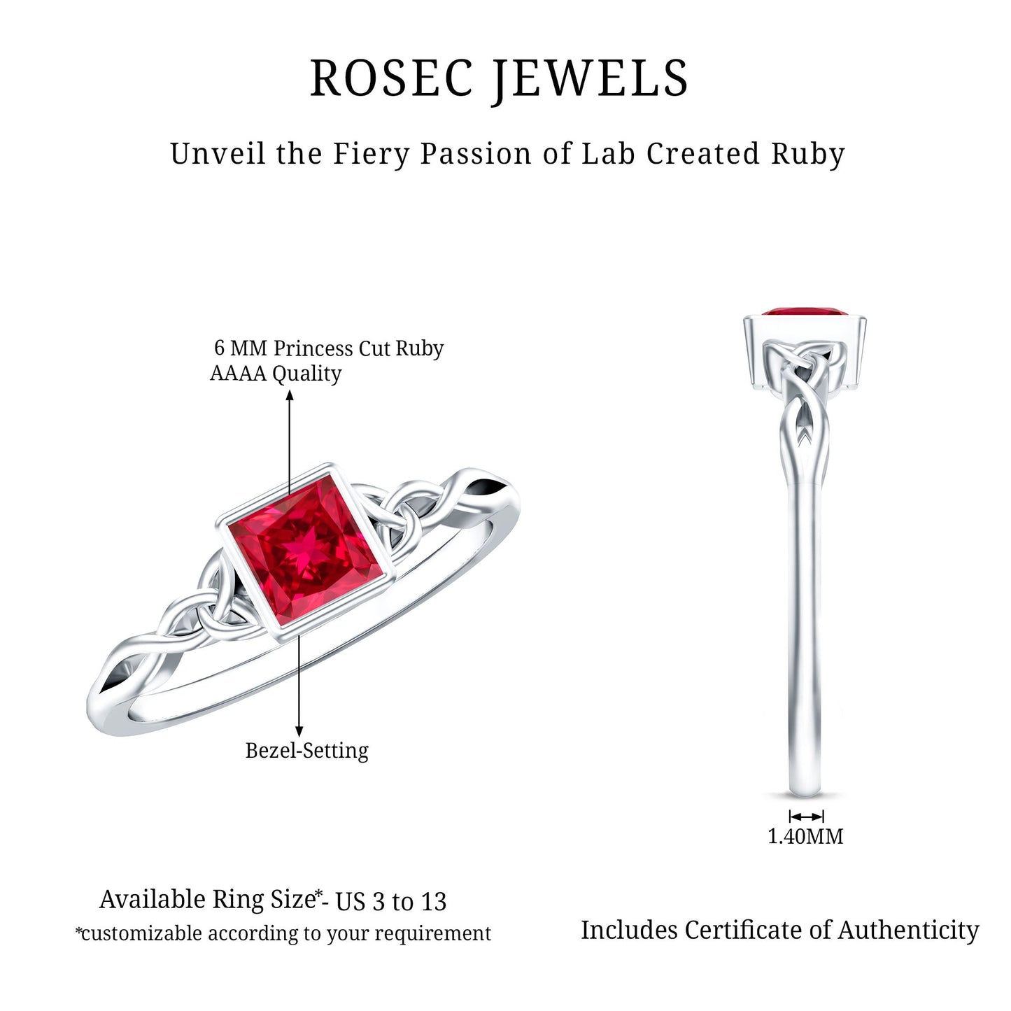 Certified 1.5 Carat Lab Grown Ruby Princess Cut Promise Ring with Celtic Knot