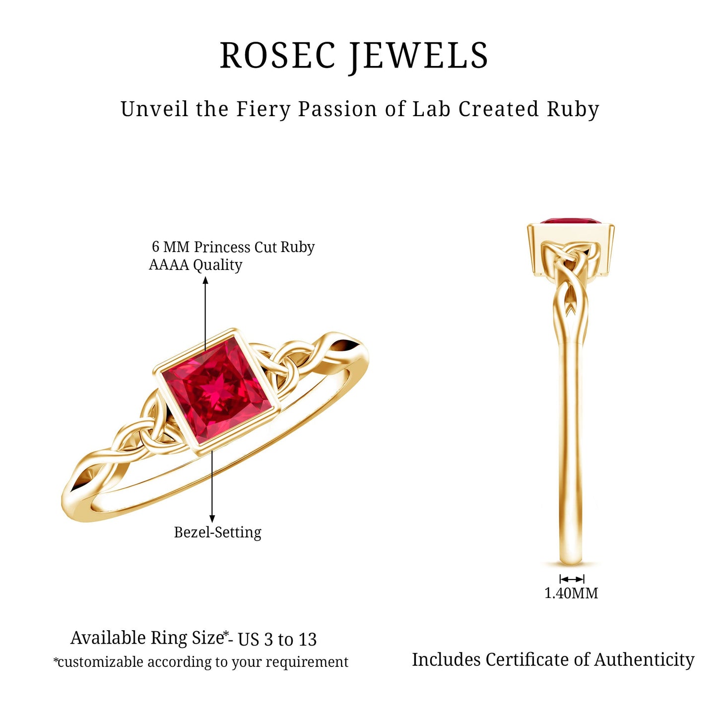 Certified 1.5 Carat Lab Grown Ruby Princess Cut Promise Ring with Celtic Knot
