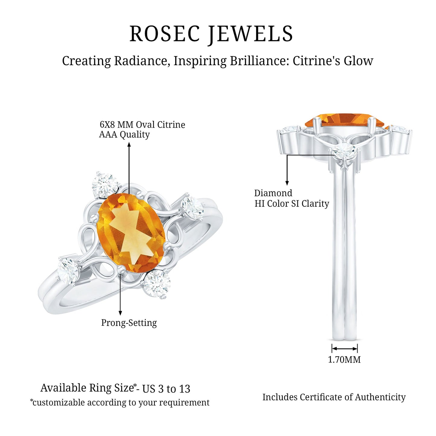 Vintage Style 1 Carat Citrine Oval Engagement Ring with Diamond