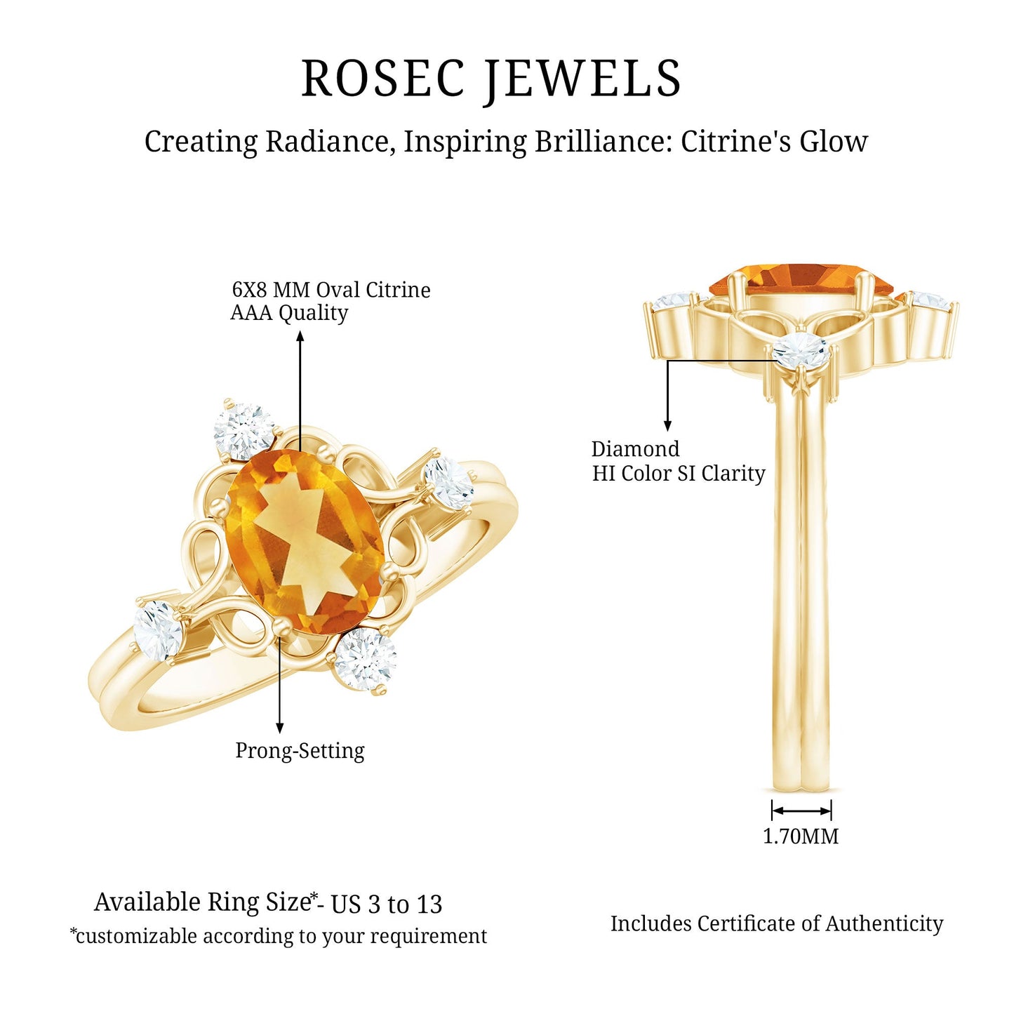 Vintage Style 1 Carat Citrine Oval Engagement Ring with Diamond