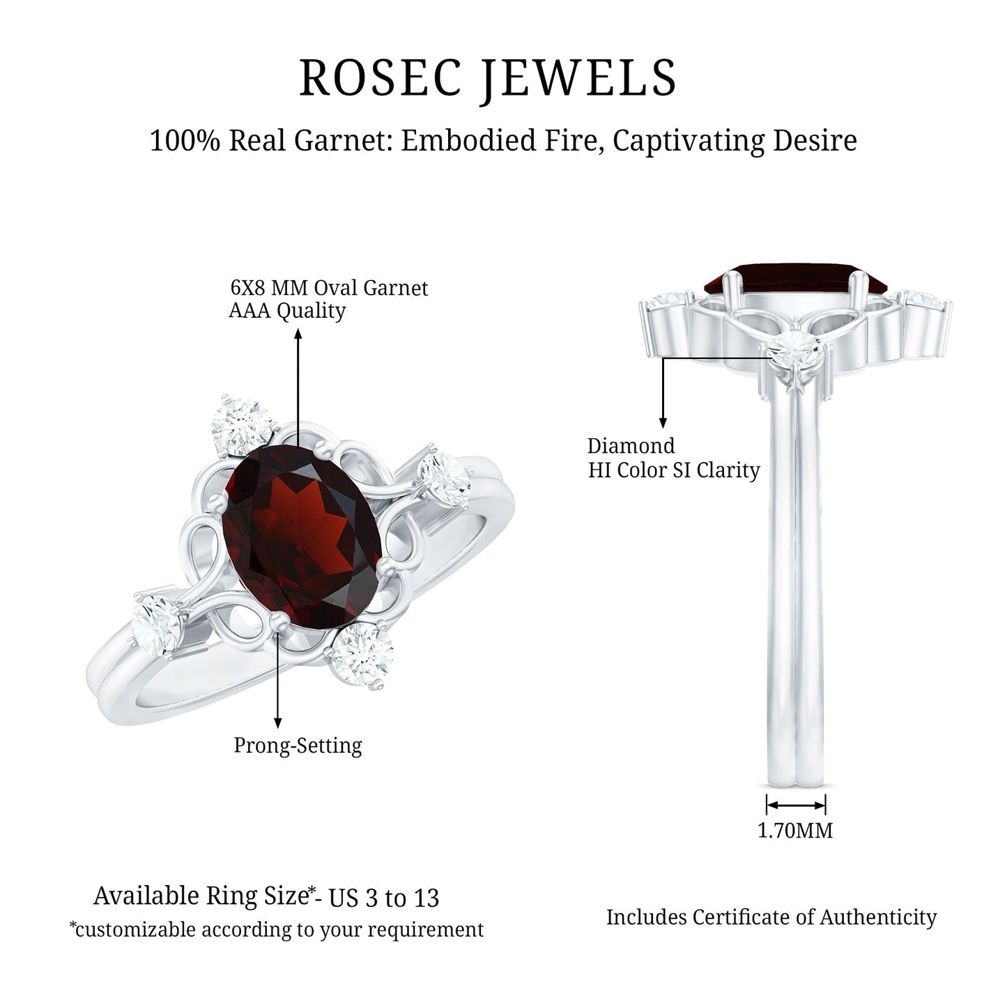 Vintage looking 1.5 Carat Oval Garnet Engagement Ring with Diamond