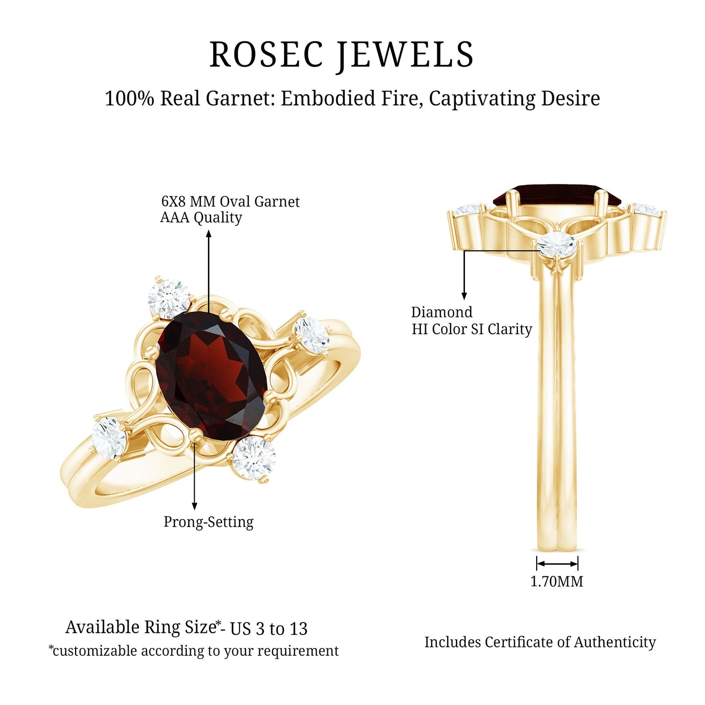 Vintage looking 1.5 Carat Oval Garnet Engagement Ring with Diamond