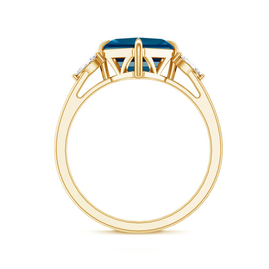 3 Carat Asscher Cut London Blue Topaz Diagonal Solitaire Ring with Marquise Diamond