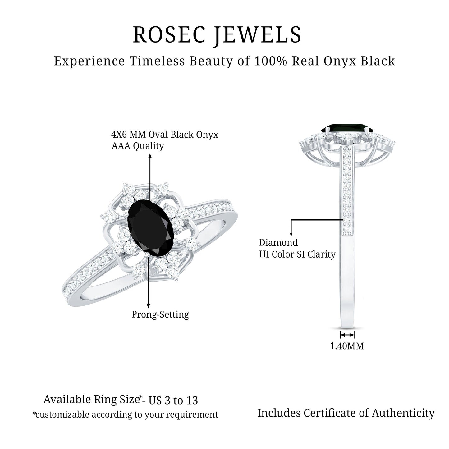Certified 0.4 Carat Black Onyx Vintage Inspired Engagement Ring with Diamond