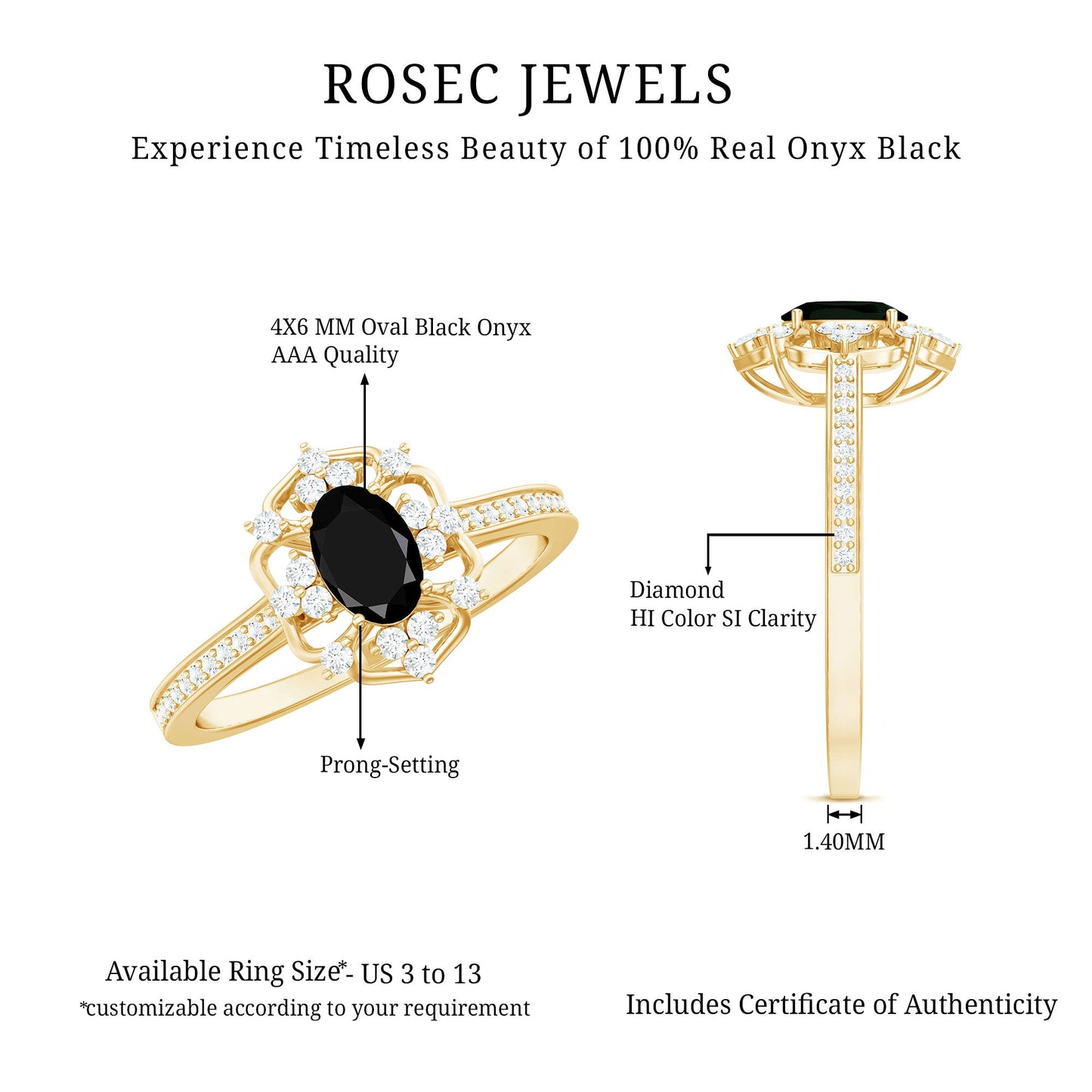 Certified 0.4 Carat Black Onyx Vintage Inspired Engagement Ring with Diamond