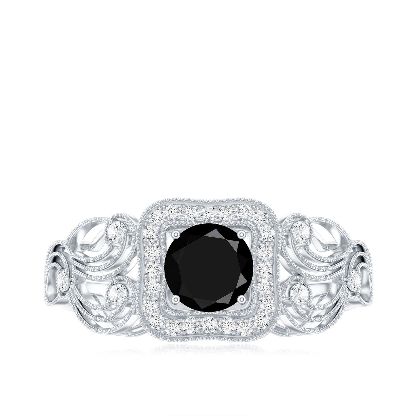 Natural Black Spinel Retro Engagement Ring with Diamond