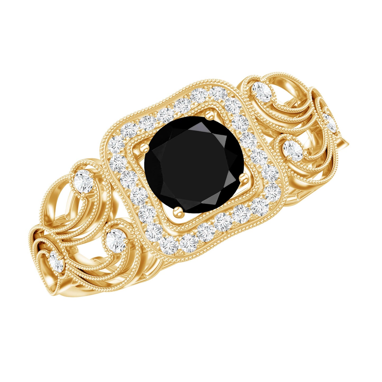 Natural Black Spinel Retro Engagement Ring with Diamond