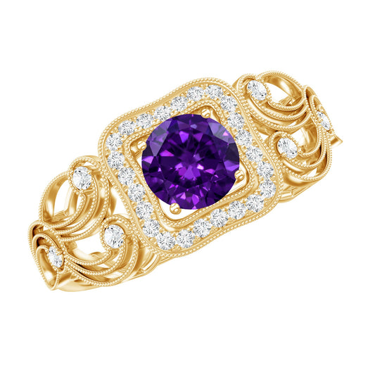 Vintage Inspired Real Amethyst Engagement Ring with Diamond