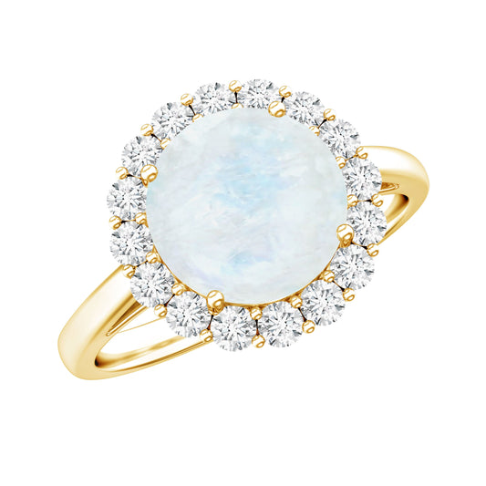 0.8 CT Round Moonstone Halo Engagement Ring with Diamond