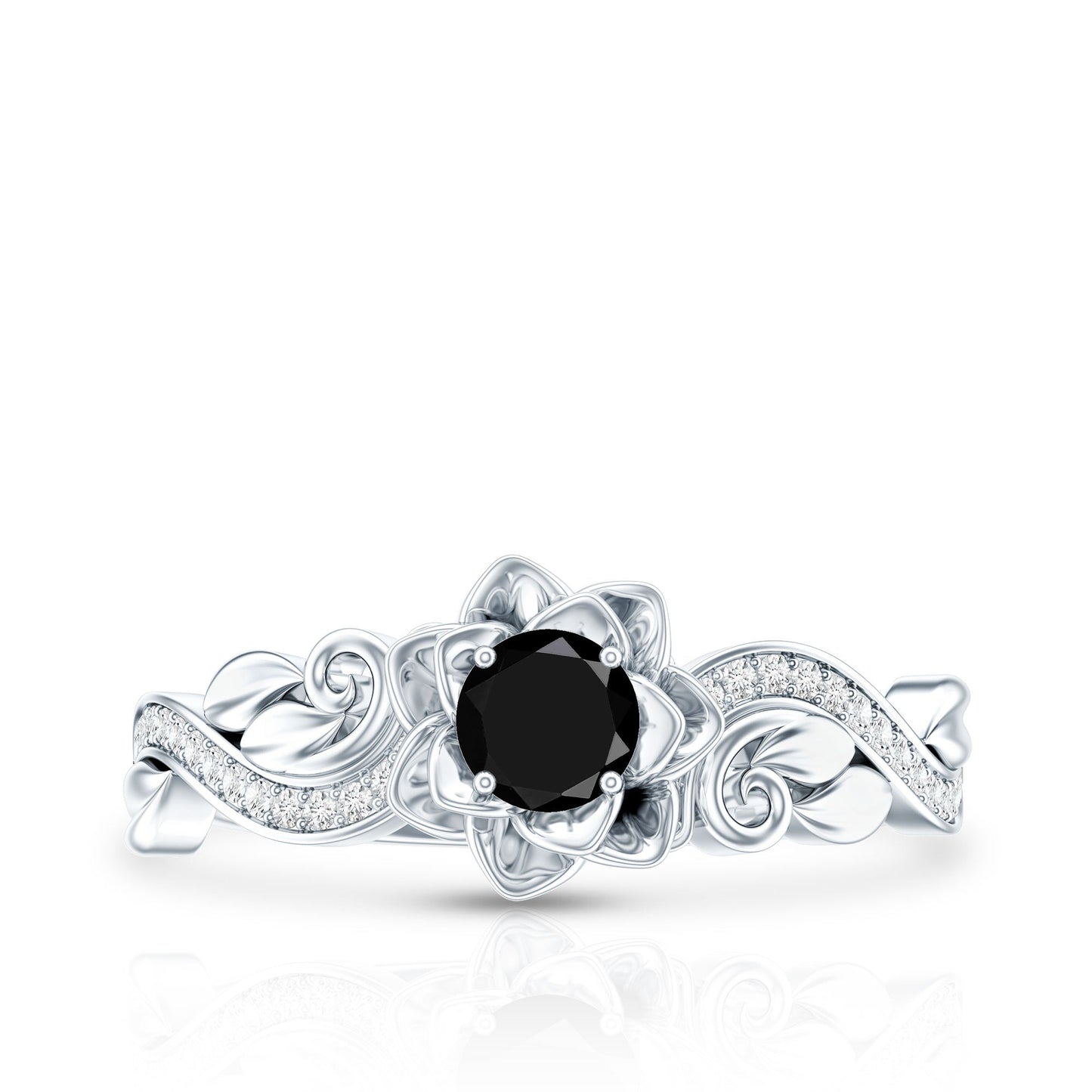 Real Black Spinel Blooming Flower Engagement Ring with Diamond
