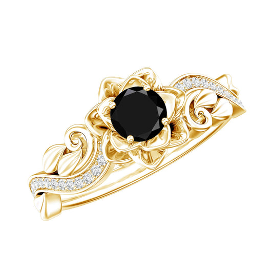 Real Black Spinel Blooming Flower Engagement Ring with Diamond