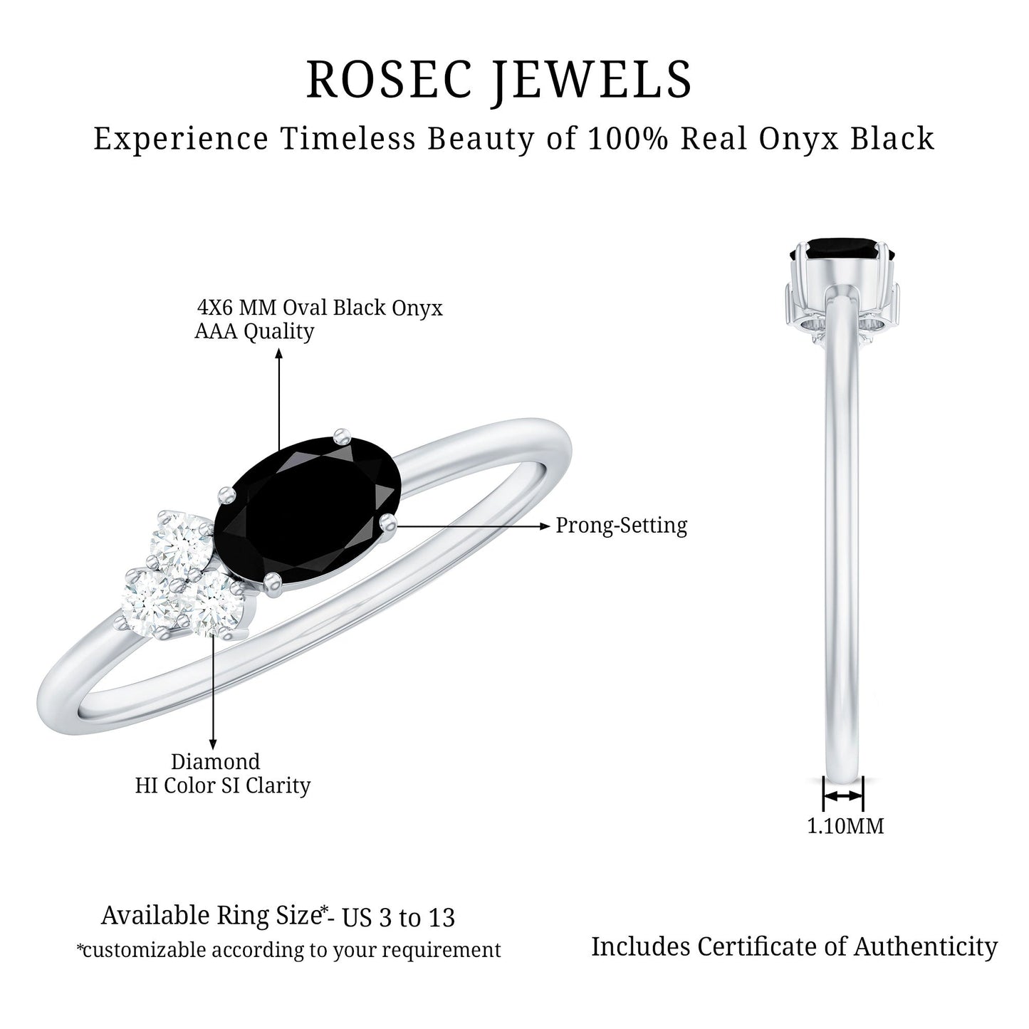 0.4 Carat Oval Cut Black Onyx Minimal Promise Ring with Diamond Trio