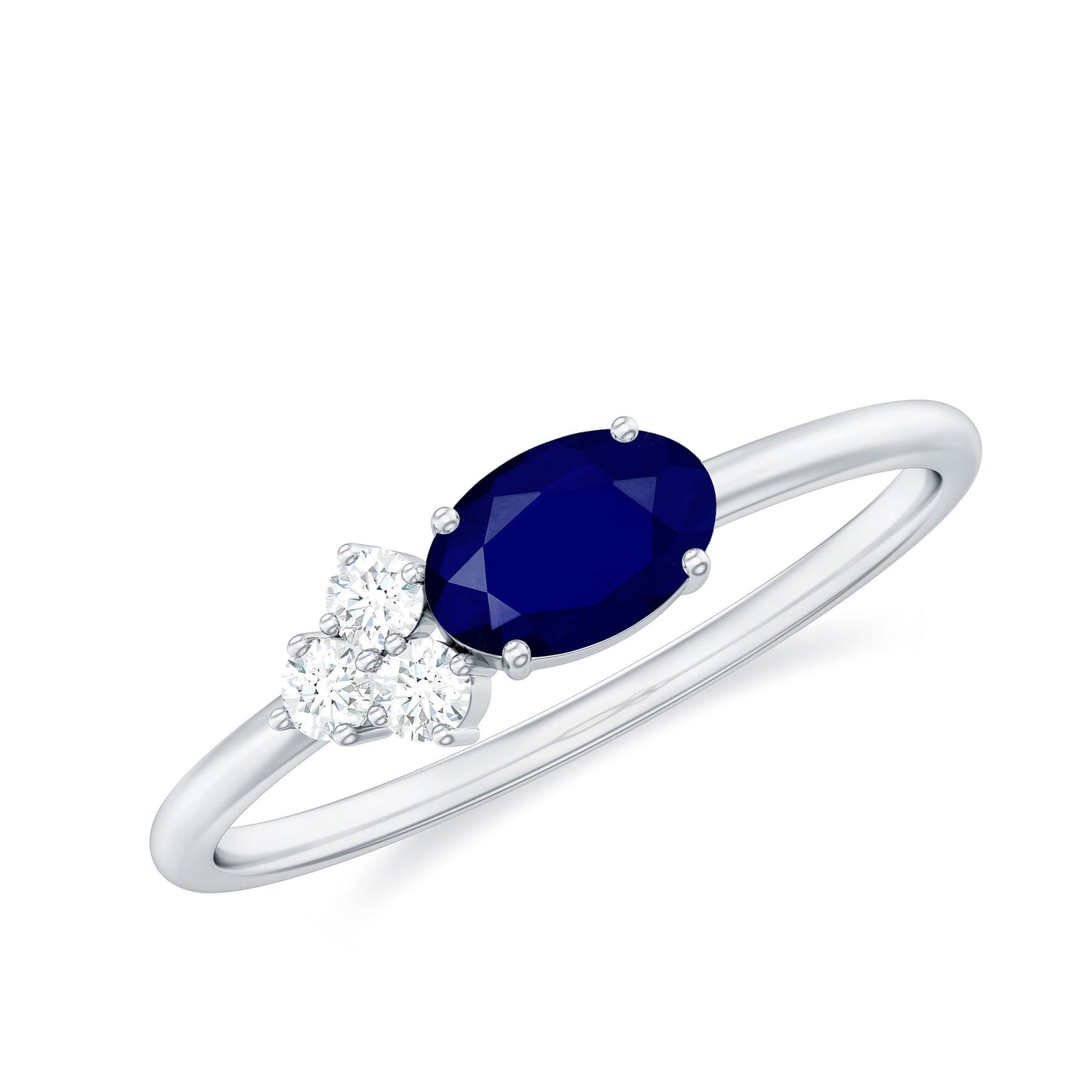 Natural Oval Cut Blue Sapphire Promise Ring with Diamond Trio
