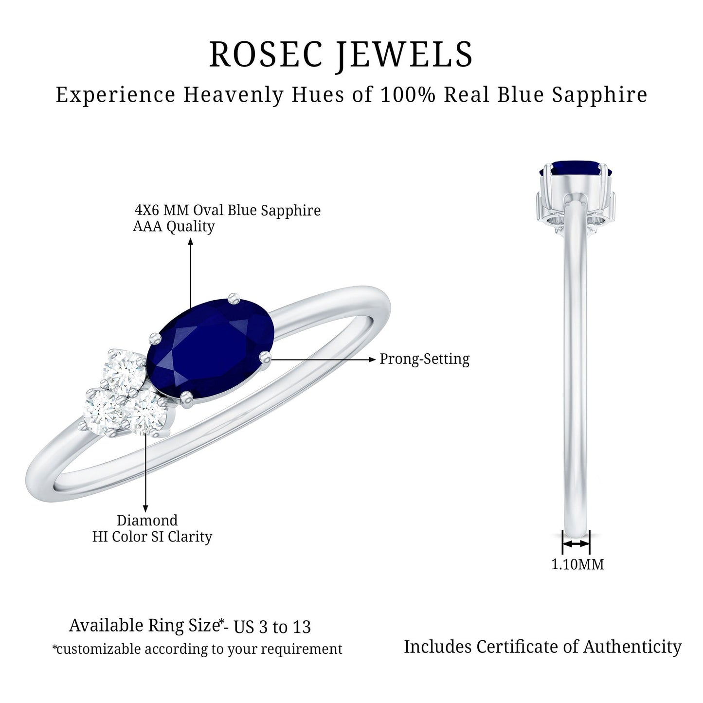 Natural Oval Cut Blue Sapphire Promise Ring with Diamond Trio