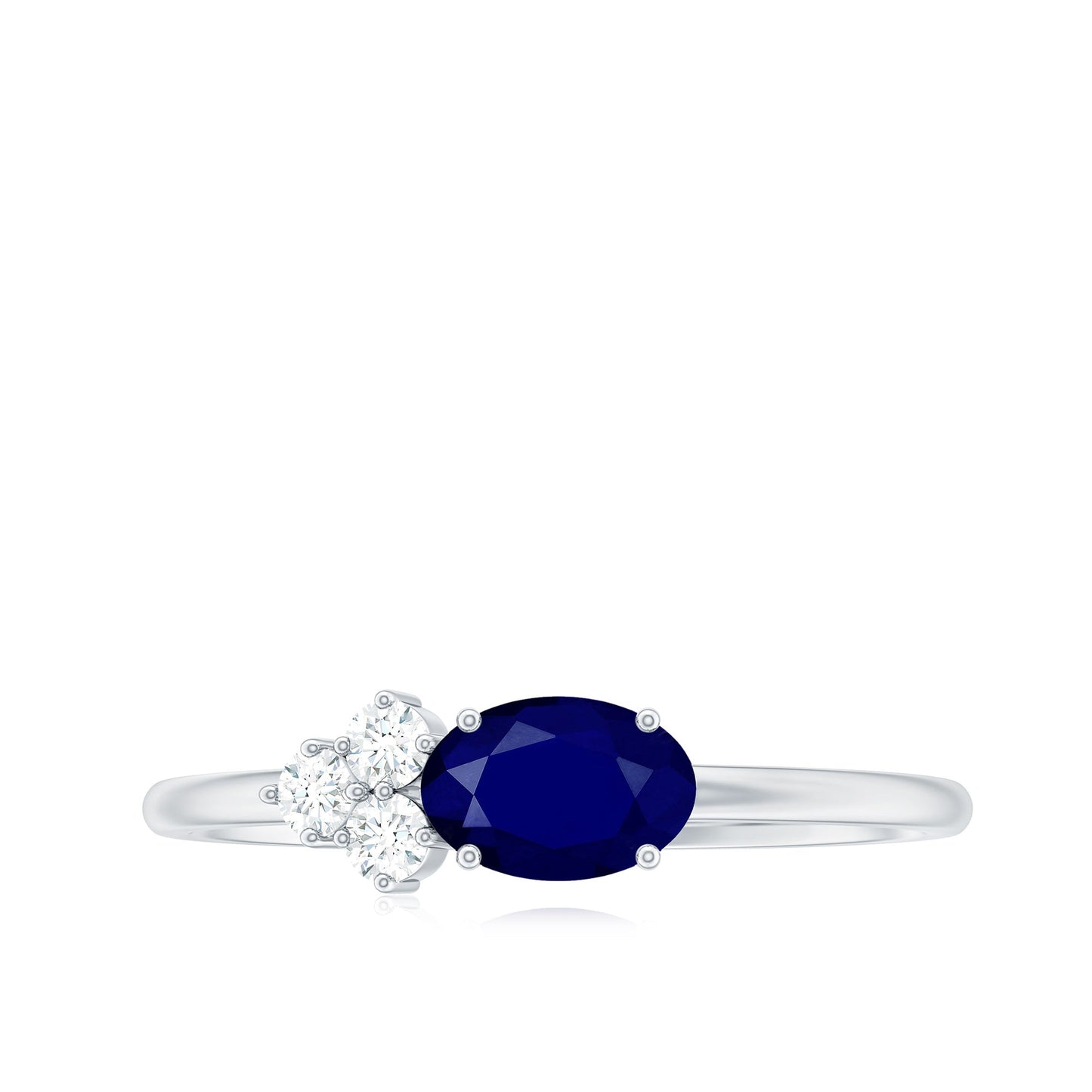 Natural Oval Cut Blue Sapphire Promise Ring with Diamond Trio