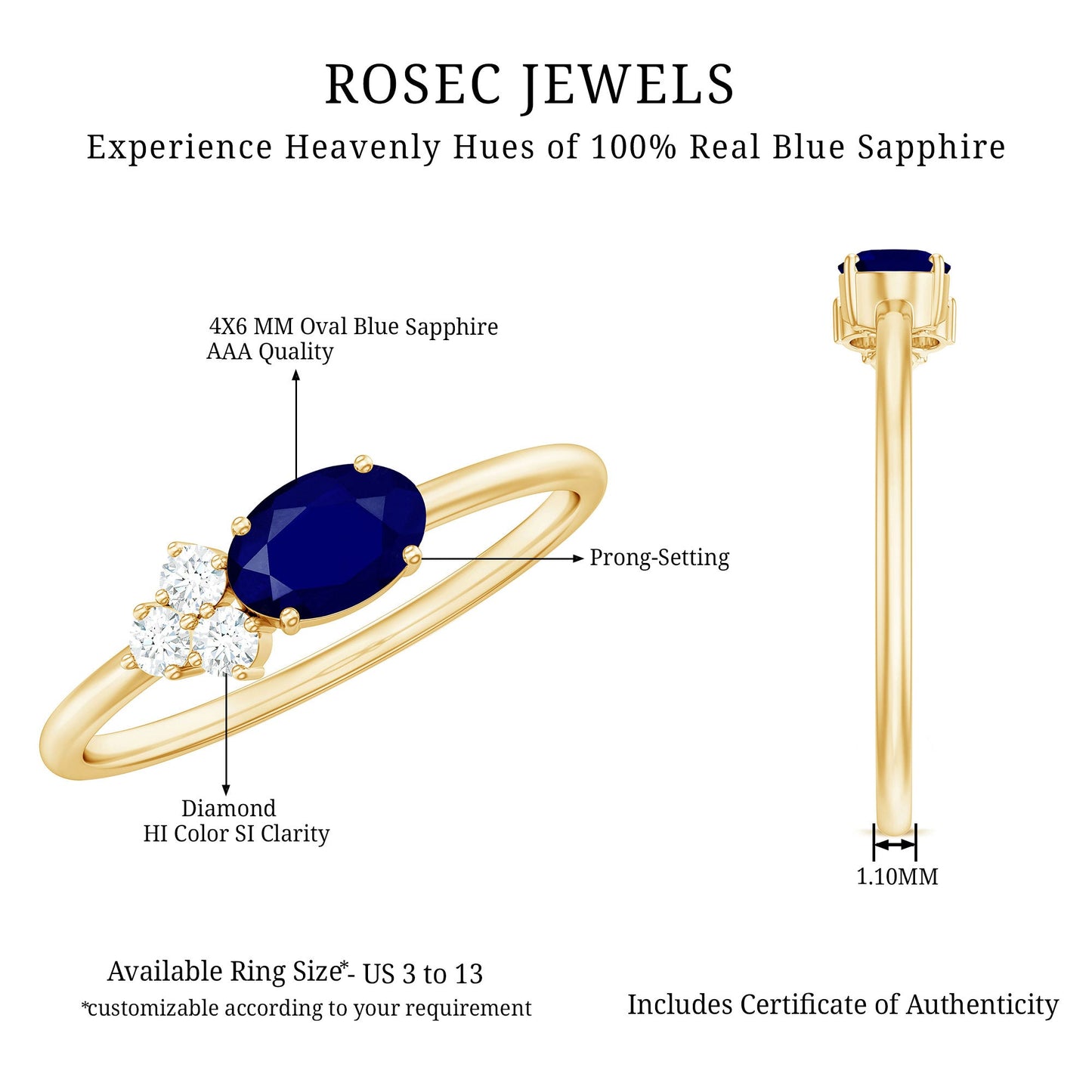 Natural Oval Cut Blue Sapphire Promise Ring with Diamond Trio