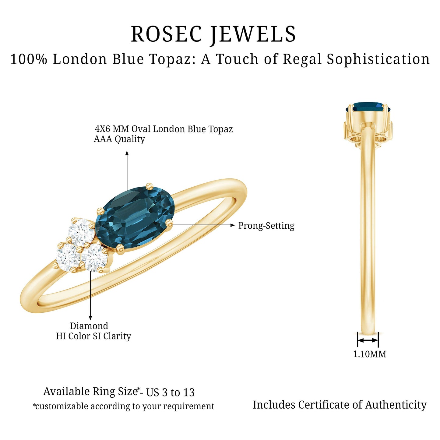0.4 Carat Oval Cut London Blue Topaz East West Promise Ring with Diamond Trio