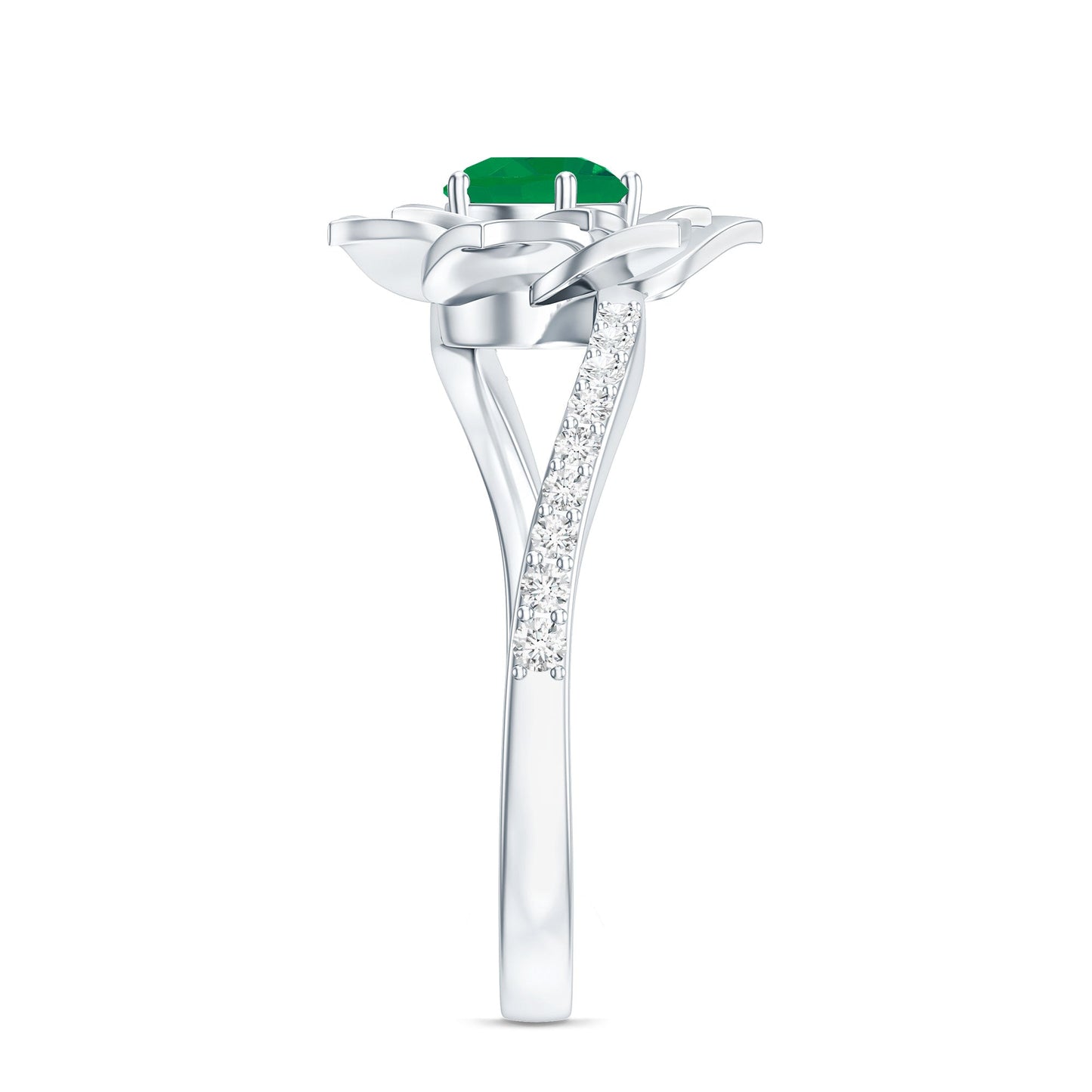 Certified Real Emerald Flower Engagement Ring with Diamond Bypass Shank
